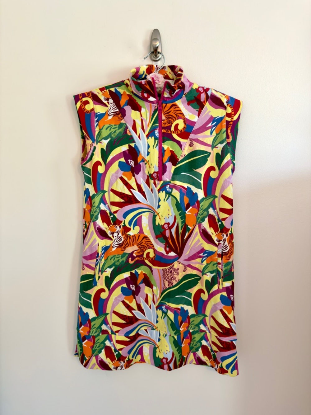 Alden Adair Tropical Sleeveless Mini Dress, Med - Pink,Green,Yellow,Red,Blue